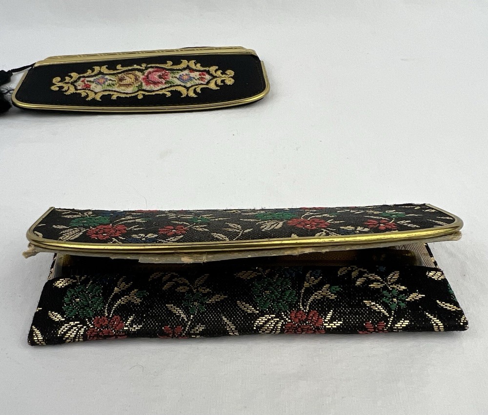 Vintage Compact Comb Petit Point Case w Swing Out Mirror Western Germany Set 2