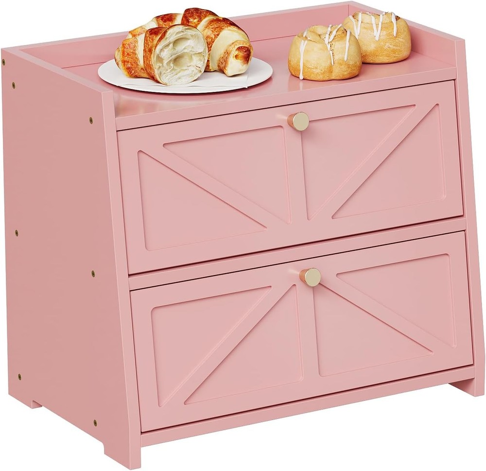 Retro double-layer bread box, suitable for kitchen countertops (pink)