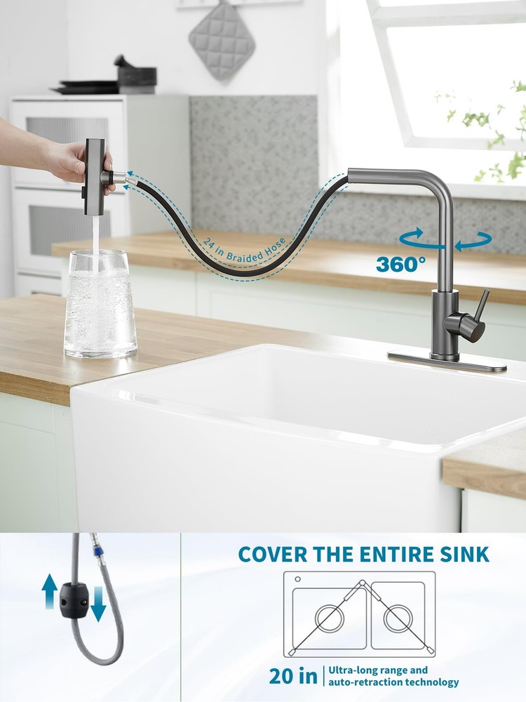 Commercial Stainless Steel Pull-Down Kitchen Faucet, Waterfall 3-Function, Gray