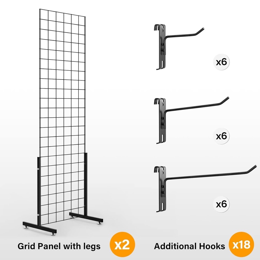 Freestanding 6' x 2' Grid Wall Rack with Hooks – Versatile Display Solution