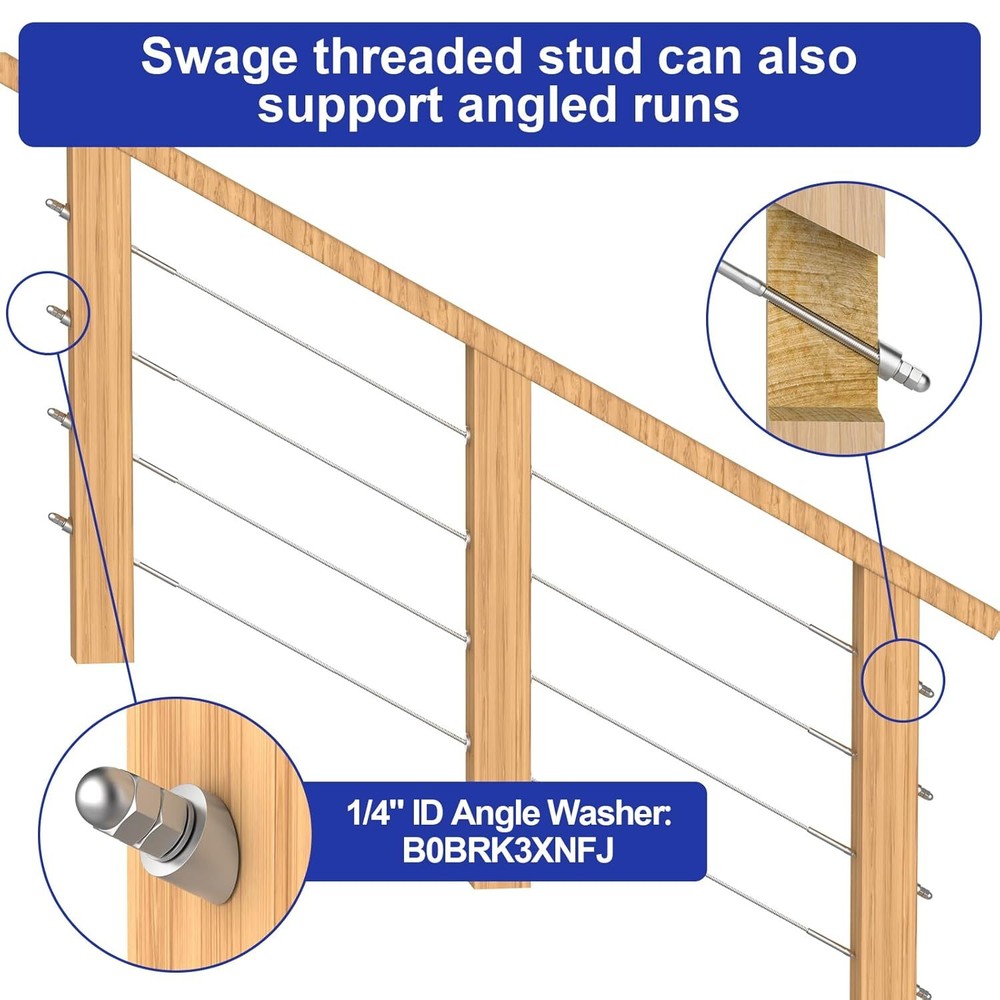 50 Pack 6" Long Swage Threaded Stud Tension End Fitting Terminal Fits 1/8" Cable