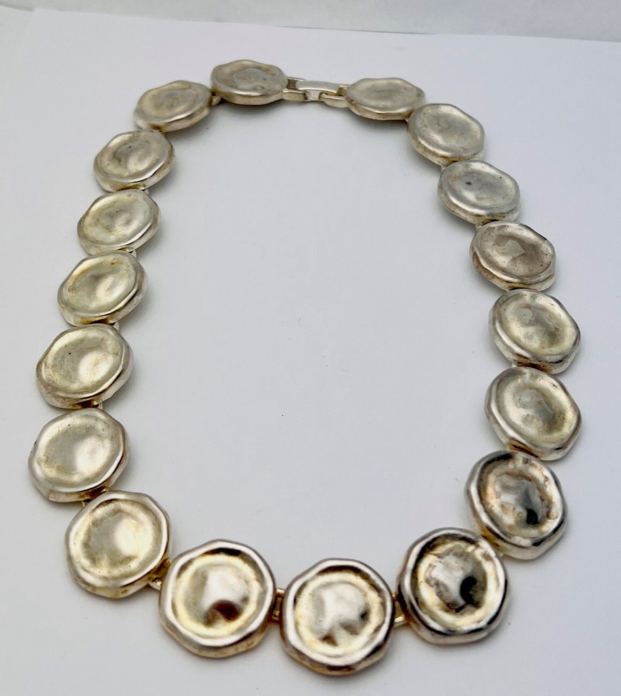 Vintage Matte Silver Tone Hammered Shield Necklace 16”