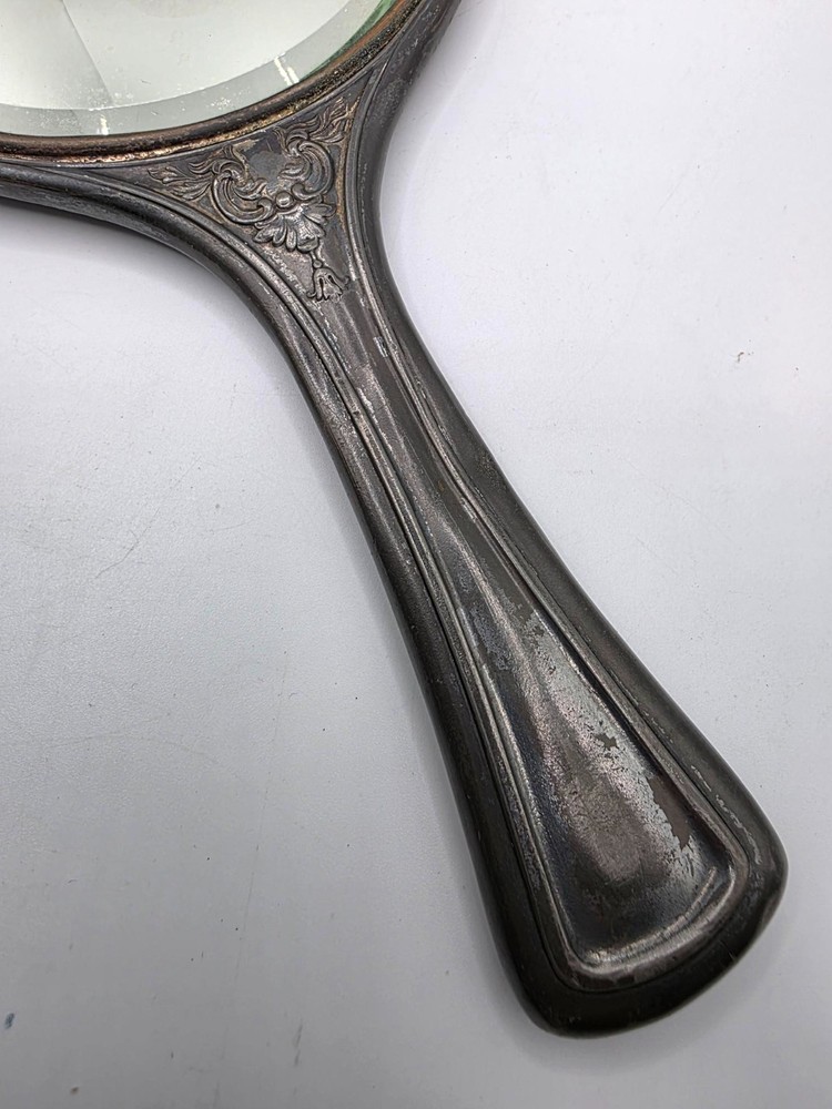 Hand Mirror Silver Plate unmarked some damage spots dents 11.25"