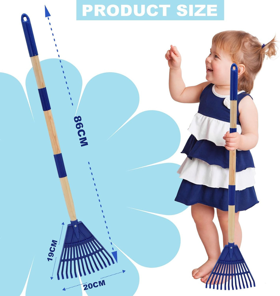 Kids Leaf Rake - 3-Section Adjustable Handle, Lightweight, Wood & Plastic, Small