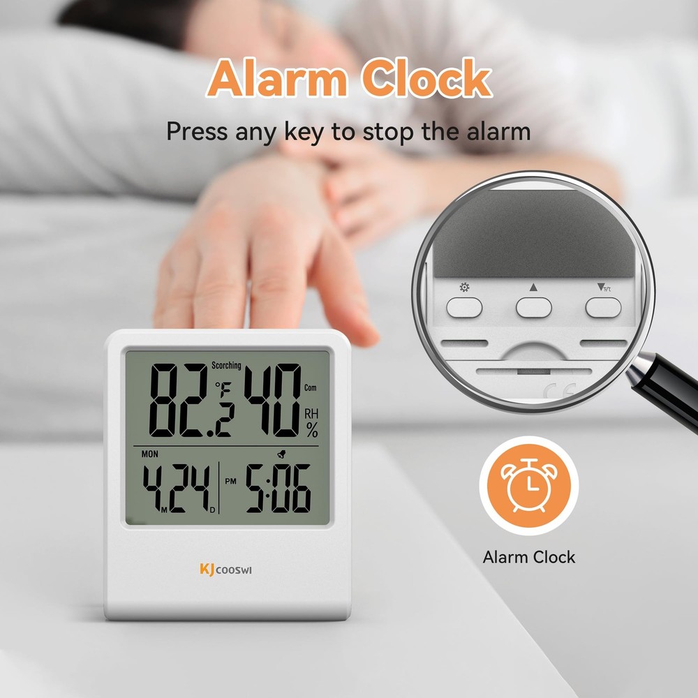 Indoor Thermometer, Room Thermometer and Hygrometer with Clock, White
