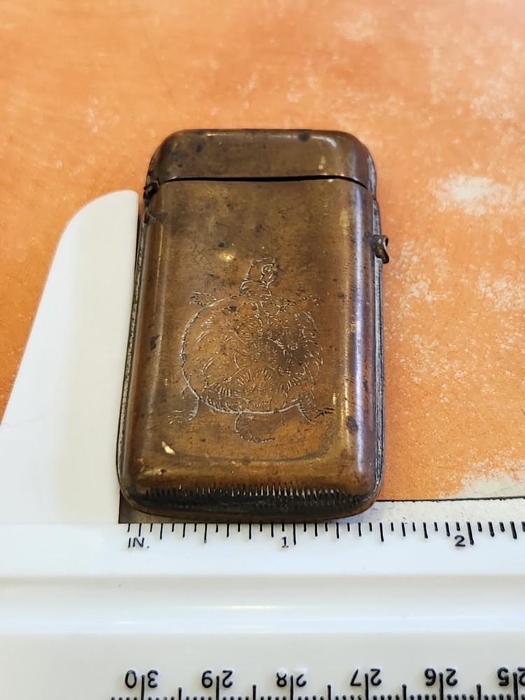 Antique Embossed TURTLE Vesta Case MATCH SAFE with Loaded Trigger Open Button