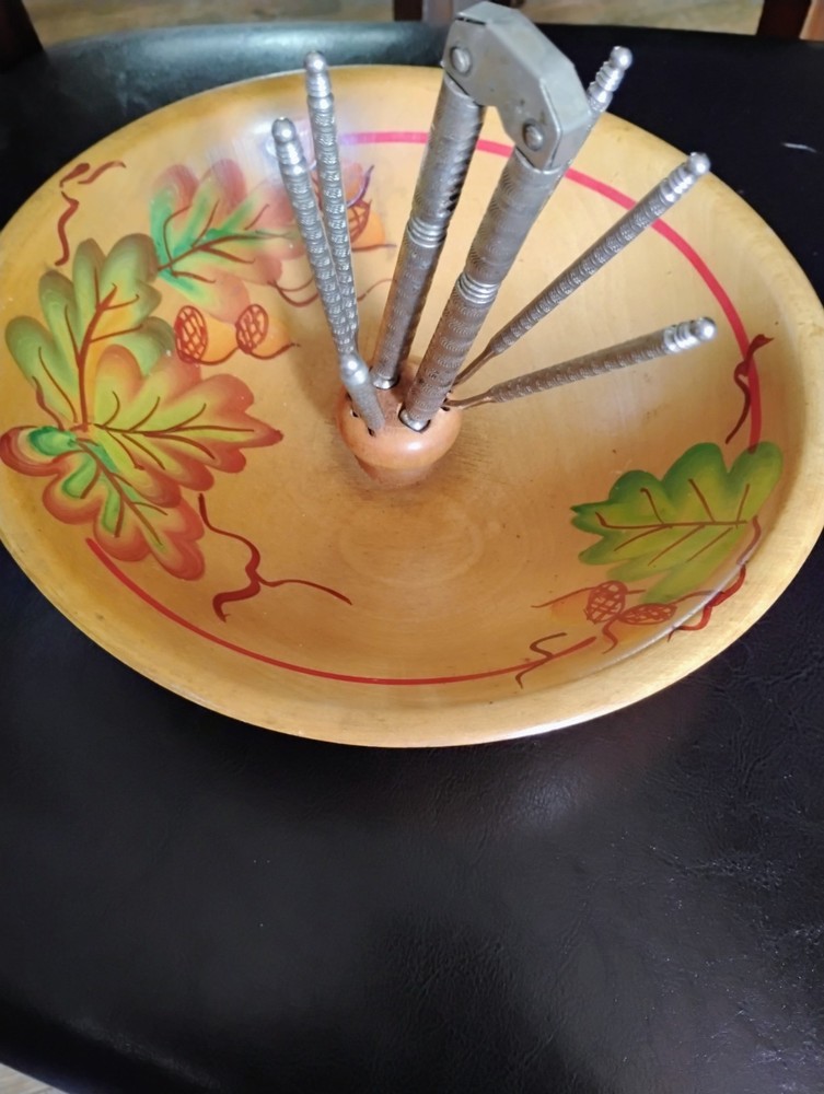 Vintage Footed Wooden Nutcracker Hand painted Bowl Nutcracker & 6 Picks Set