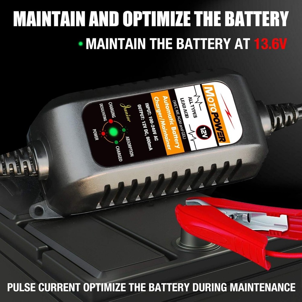 12V 800mA Automatic Battery Charger & Maintainer - Safe & Easy Operation