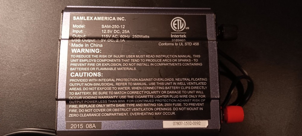 Samlex Power Inverter Dc-Ac 12 Model Sam-250-12