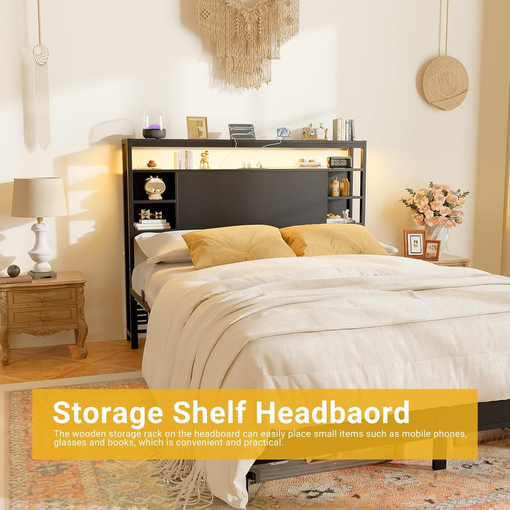Full Size Headboard with Storage, Outlets & RGB LED Light - Black