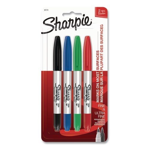 Sharpie Twin-Tip Permanent Marker, Extra-Fine/Fine Tip, Assorted Colors, 4/Pack