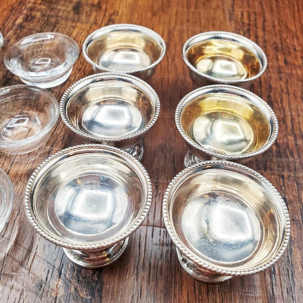 6 Tiny German 800 Silver Personal Salts Bead Edge Salt Cellar 1 3/8"