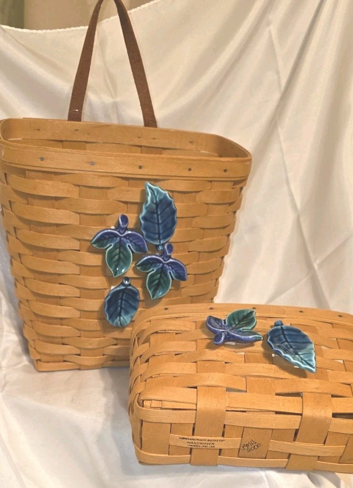 LANGABERGER 2-BASKETS THIN MAPLE W/CERAMIC(ADED)DECOR &PLASTIC LINER 2000 USA