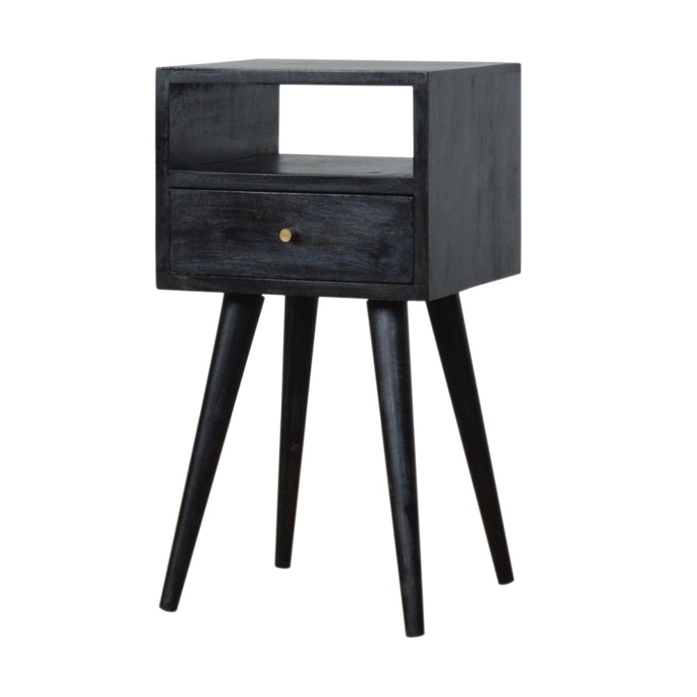 Solid Wood, Mini Nightstand, 1-Drawer, 1 Open-Slot, Ash Black