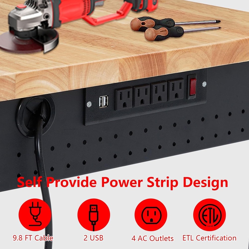 Adjustable Workbench 60''x22''with Power Outlets, Lights, Storage Drawer,Rolling