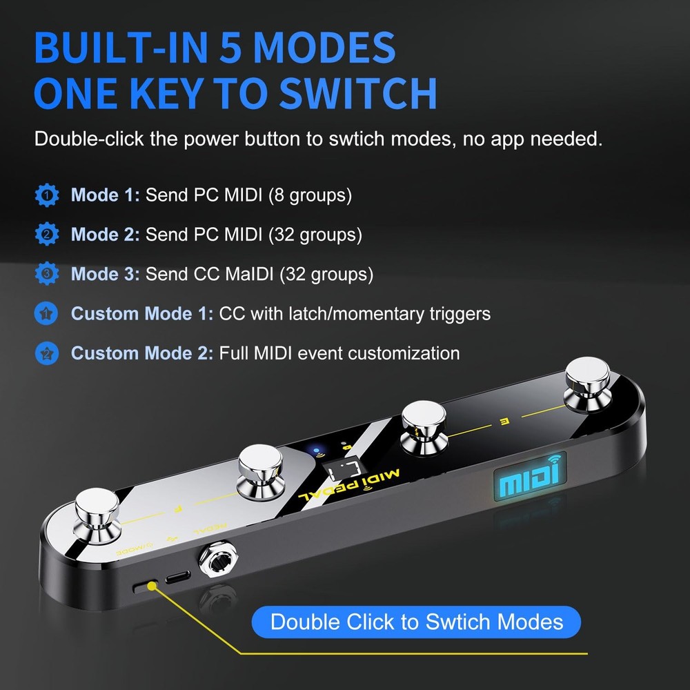 Wireless MIDI Foot Controller Pedal with Mate MIDI Receiver, 4 Customizable