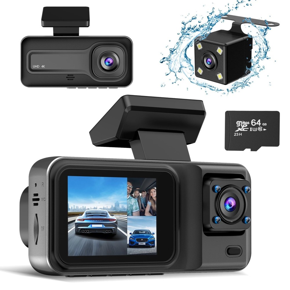 4K Dash Cam Front & Rear, 64GB Card, Motion Detection, Night Vision, Loop Record