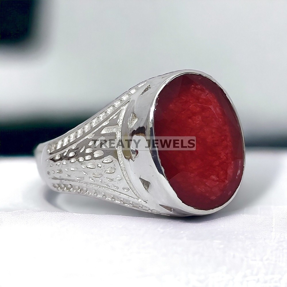 Ruby Oval Cut Gemstone With 14K Solid White Gold Ring For Men's #A20