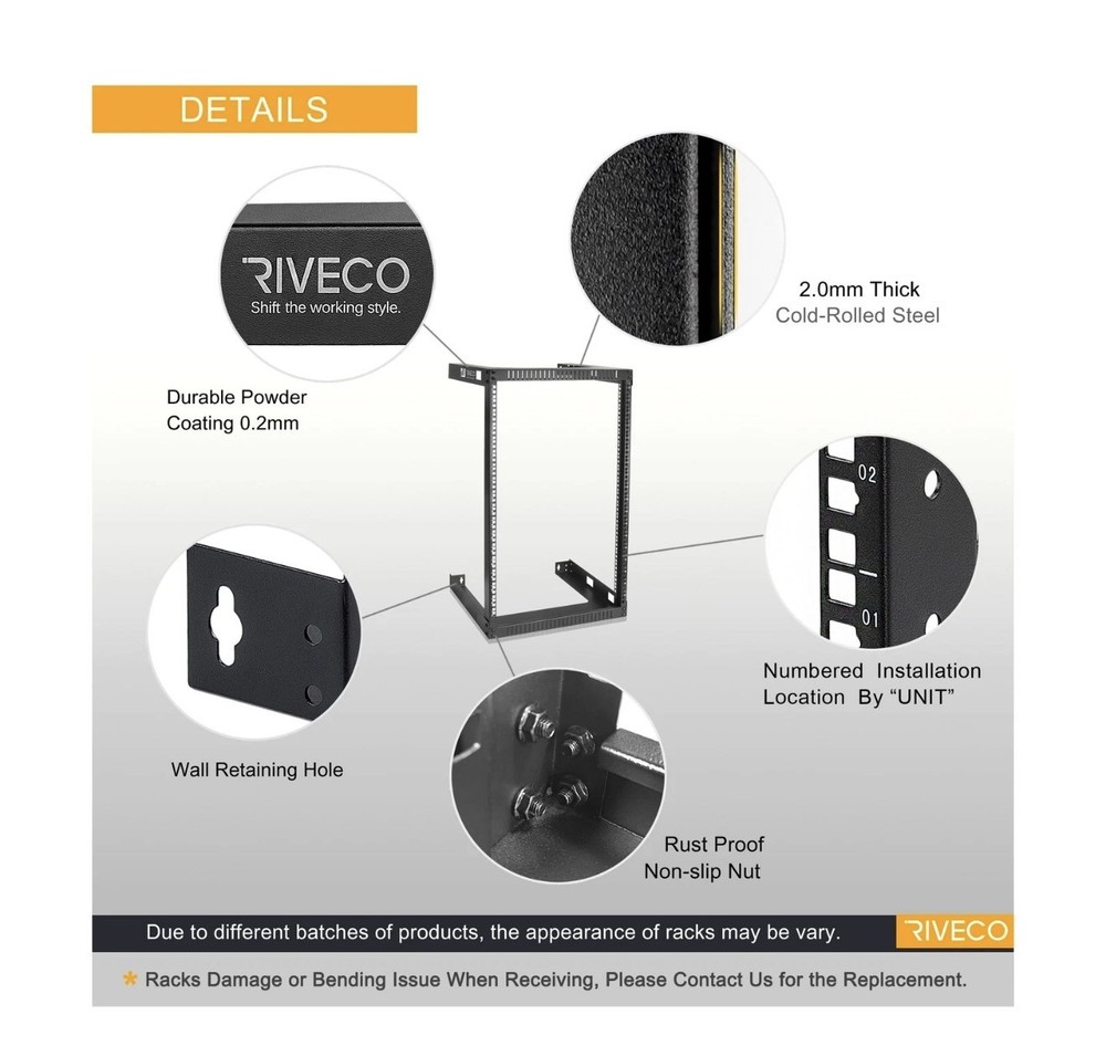 RIVECO 18U 19” Wall Mount Server Rack 17.7” Depth Open Frame Network AV Rack