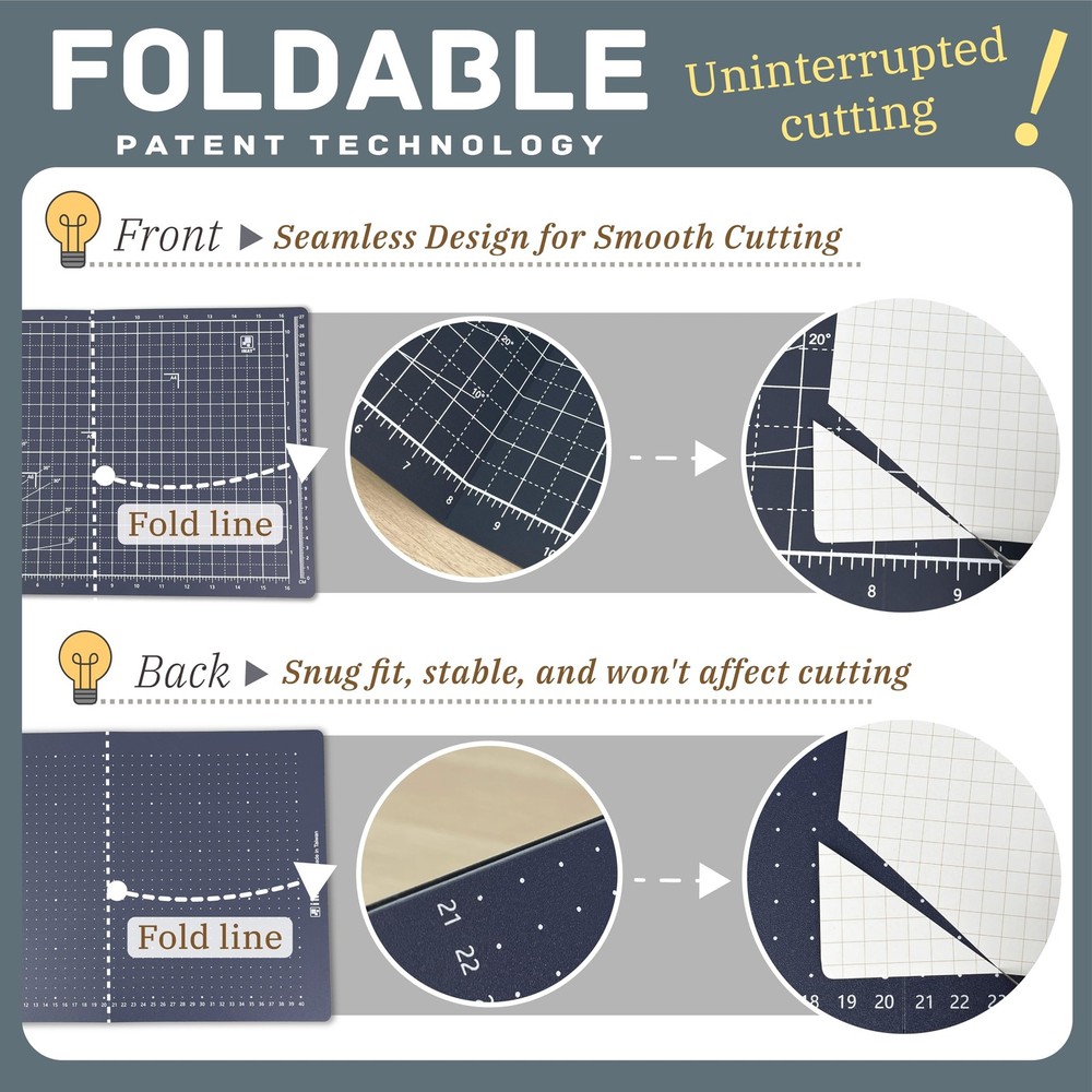 Flip Cutting Mat_Note A3 (inch version), 12"X18", Foldable, Front: Inch grid,...