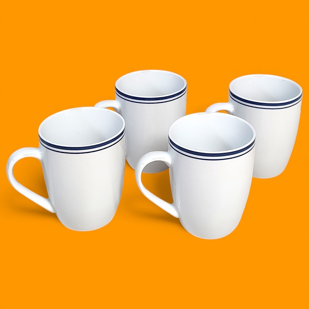 4pc Set Amazon Basics Cafe Stripe Blue / White Coffee Cups/ Mugs 4"