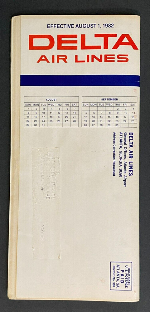 Delta Airlines Timetable Effective August 1, 1982