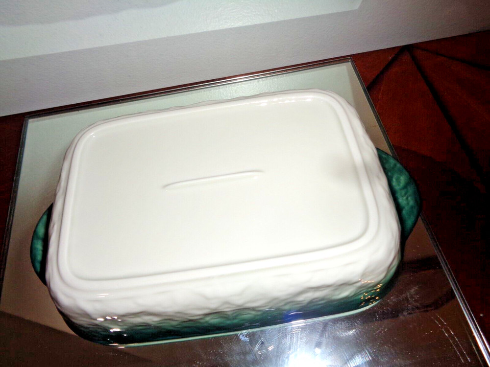 Set of 2 Green & Gray Ceramic Rectangular Baking Roasting Stackable Pan 9X5.5X1"