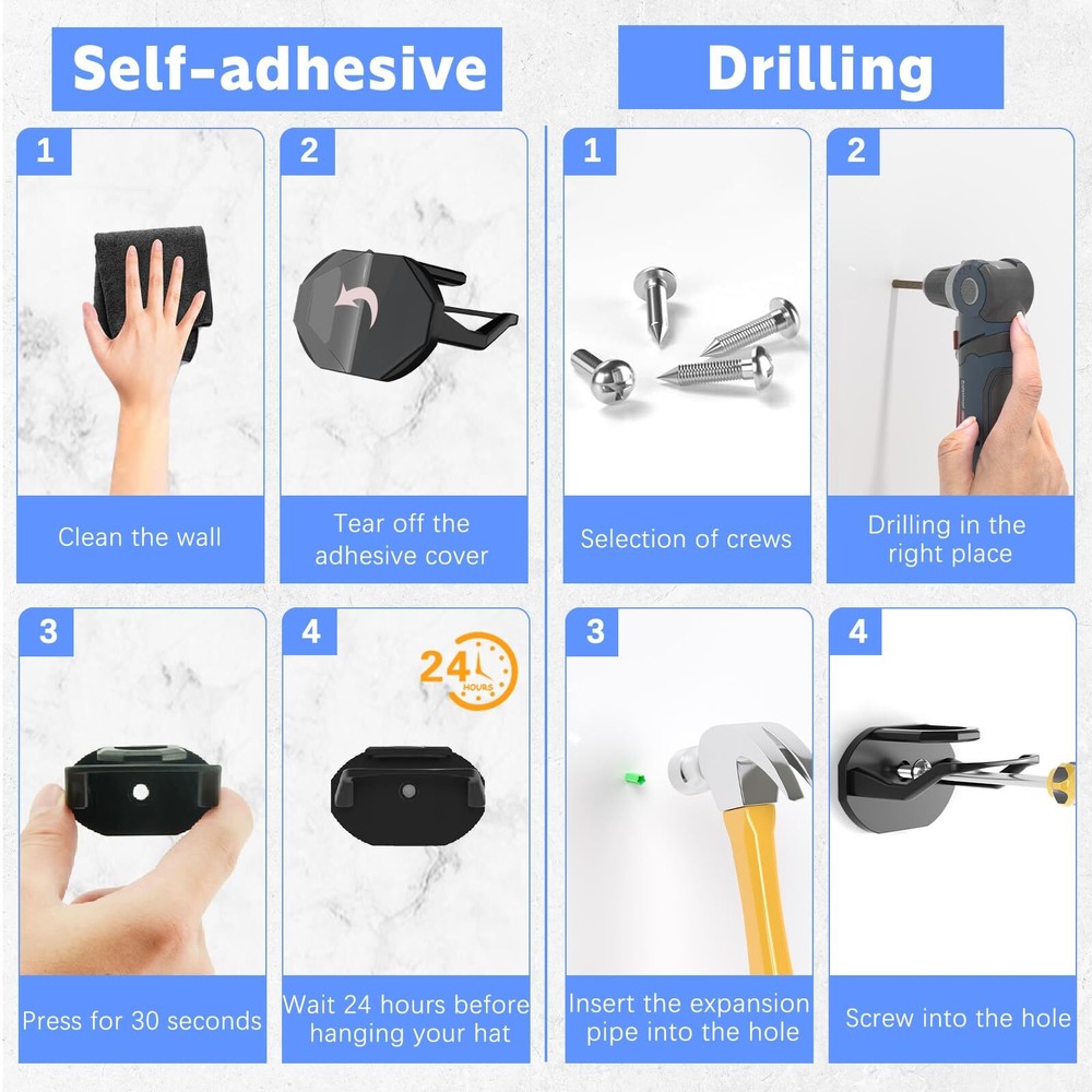 16 Pack Adhesive Hat Hooks for Wall, Strong Rack Baseball Caps, Black