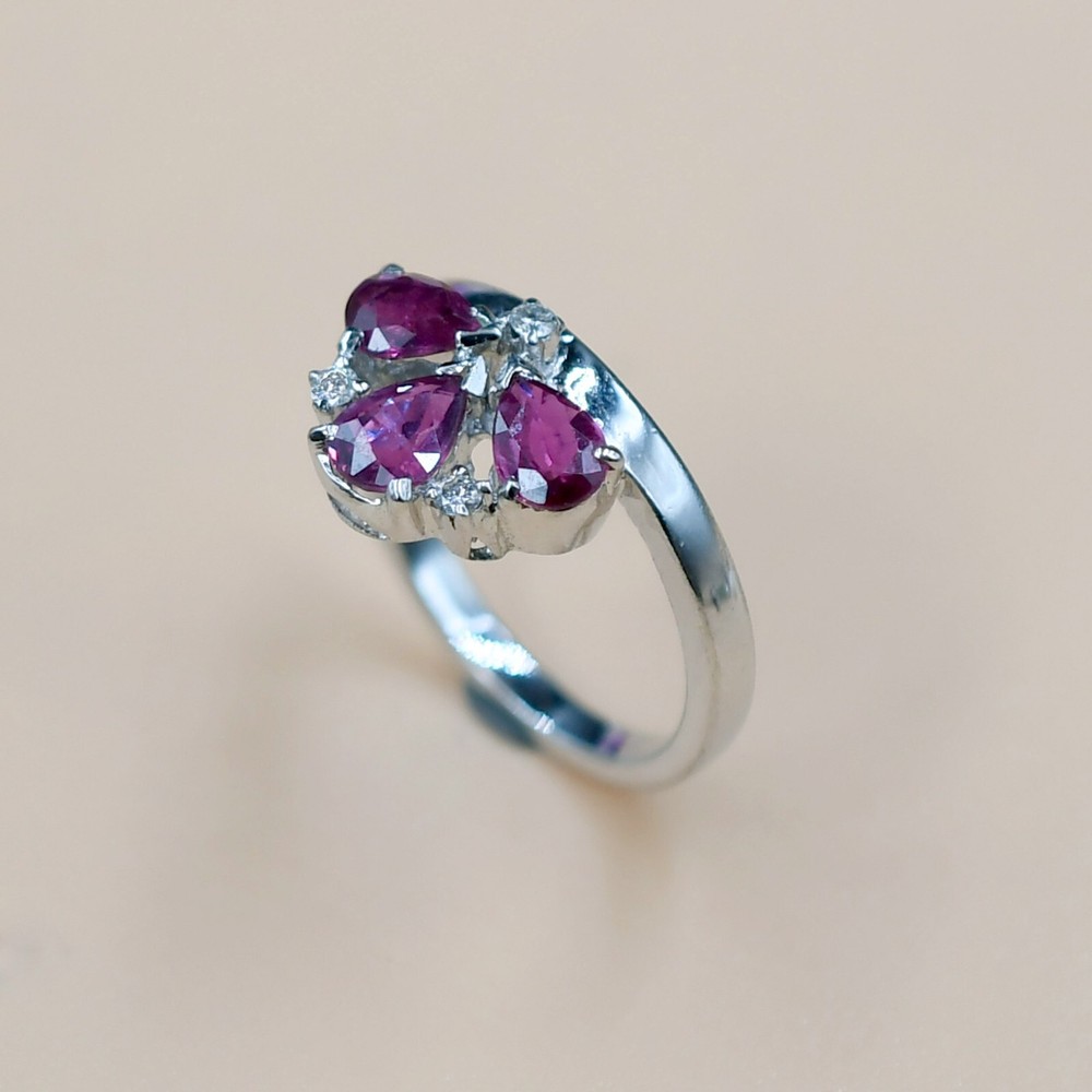 Natural Rhodolite Garnet Ring, 925 Sterling Silver, Statement Ring, Trio Ring