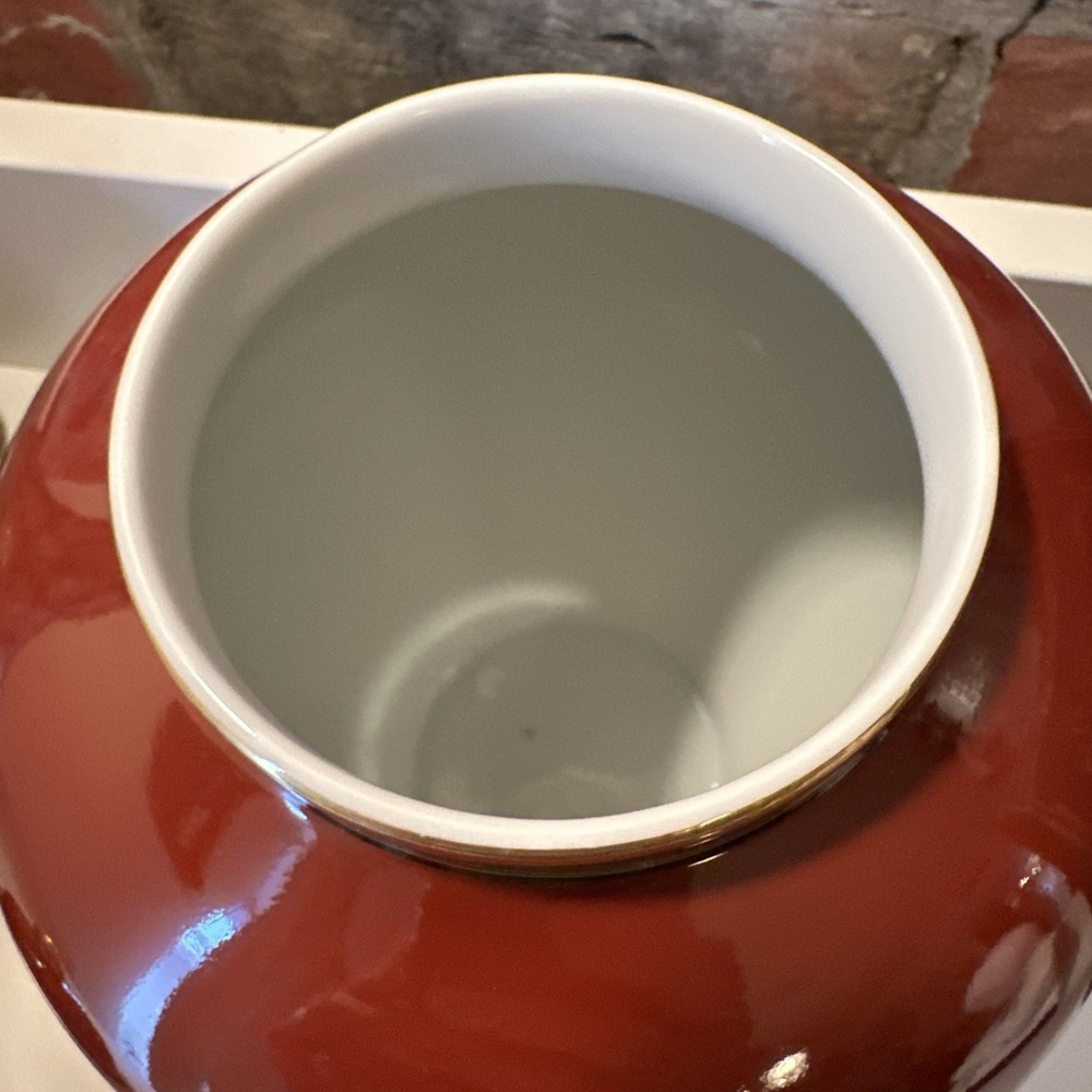 FITZ & FLOYD RENAISSANCE CINNIBAR GINGER JAR 11 " RUST RED GOLD TRIM