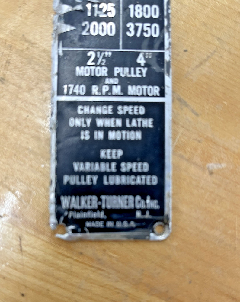 Walker Turner L1152 Wood Lathe Variable Speed Indicator Tag