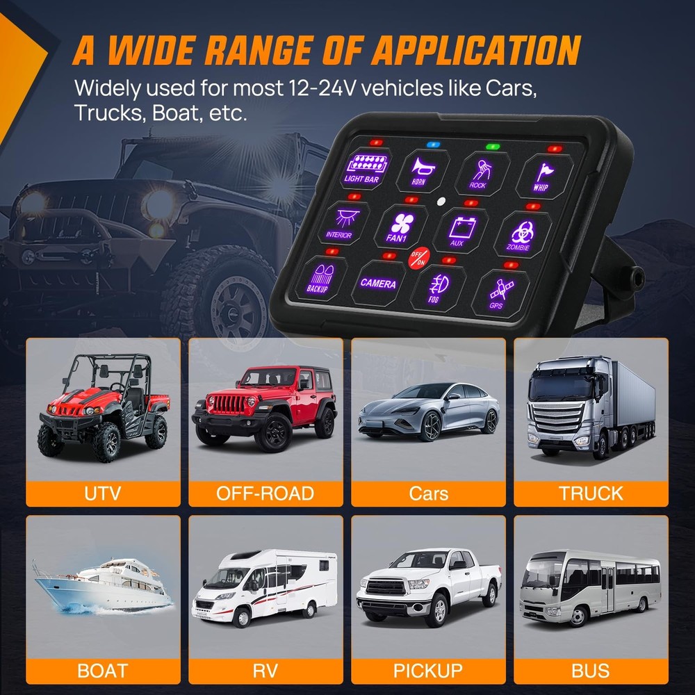 Nilight Switch Panel 12V 24V 12 Gang Universal Circuit Control Relay System