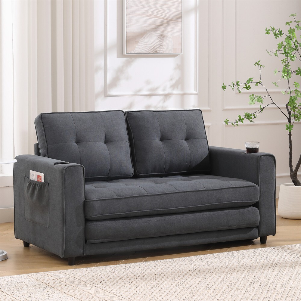 Convertible Sofa Bed Loveseat Futon Sofa Couch w/ Pull Out Bed Dark Gray