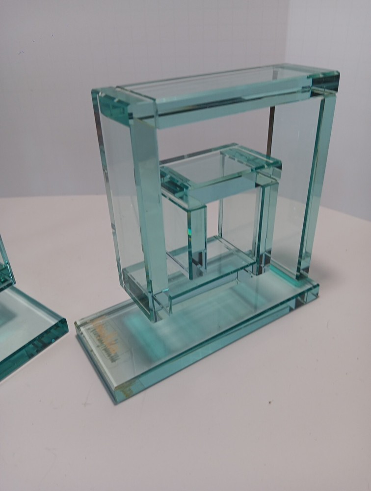 Nieman Marcus Clear Glass Bookends Modern Cubist Square