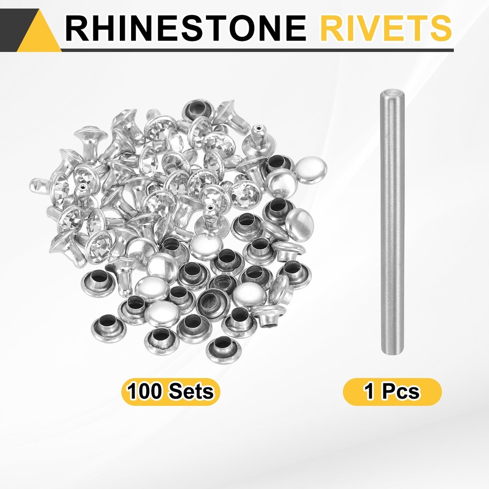 100pcs Crystal Rivets 6mm Rhinestone Stud with Installation Tool, Silver Clear