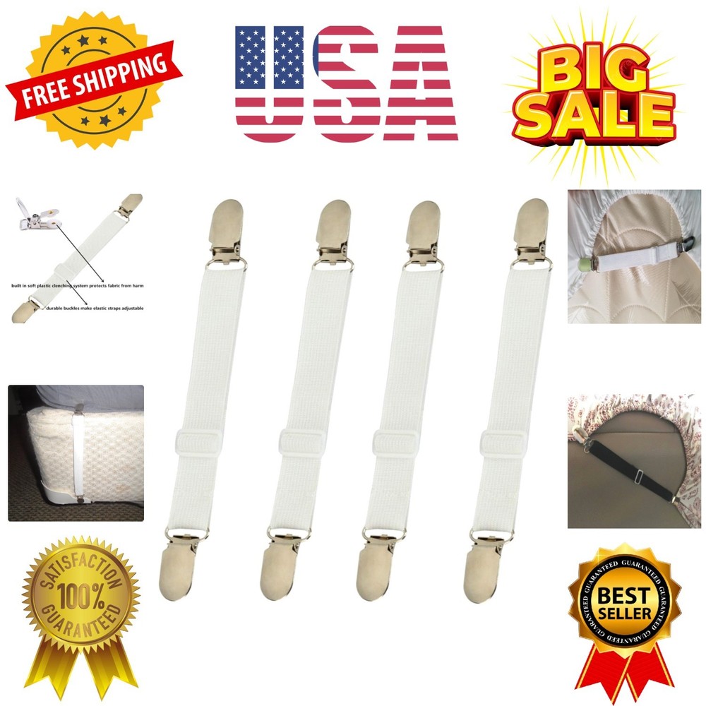 Bed Sheet Clips Straps Sheet Holder Mattress Clips, 4 Pcs Adjustable Elastic ...