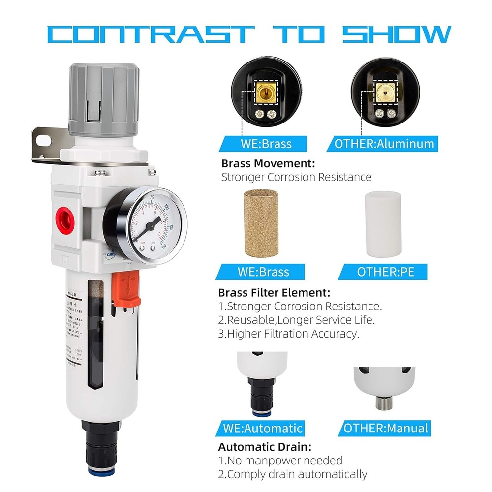 Advanced Auto Drain Air Pressure Filter/Regulator Combo with Heavy-Duty Features