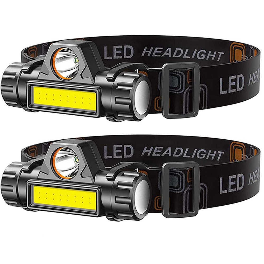 2 Pack Rechargeable Forehead Head Light Night Walking Construction Headlamp Usb