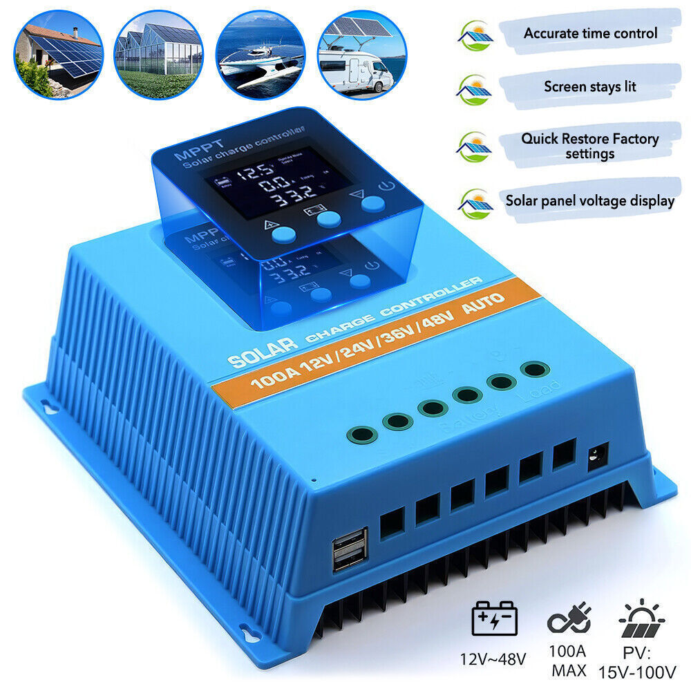 MPPT Solar Charge Controller 60A 80A 100A LCD Display Max 100V Input Dual USB