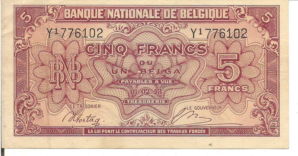 BELGIUM, 5 FRANCS, P#121, 1943