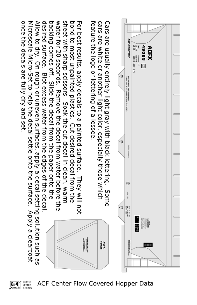 K4 HO Scale Decals Black ACF Center Flow Covered Hopper Dimensional Data Set