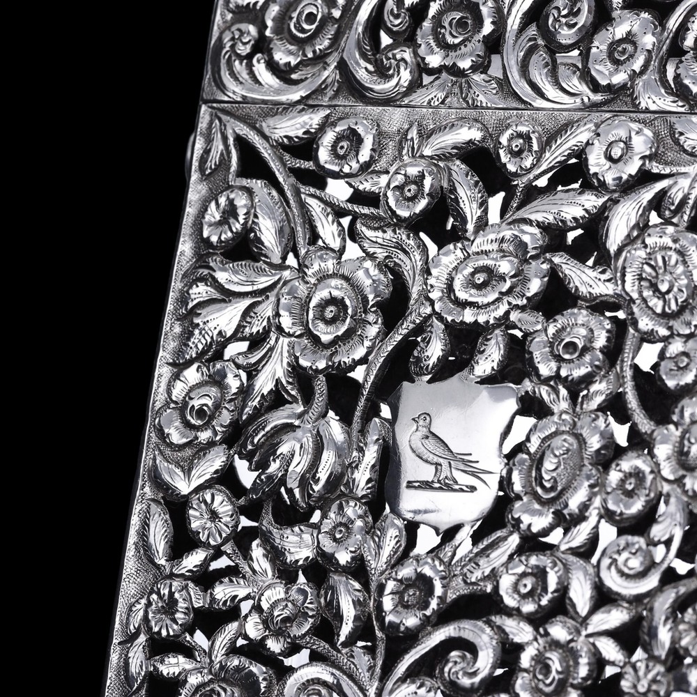 Antique Victorian Solid Silver Card Case Pierced Flowers - Francis Clark 1839