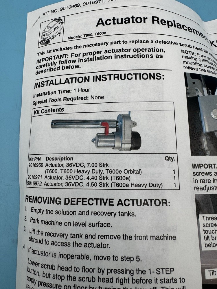 Tennant T600e Scrub Deck Actuator. New.