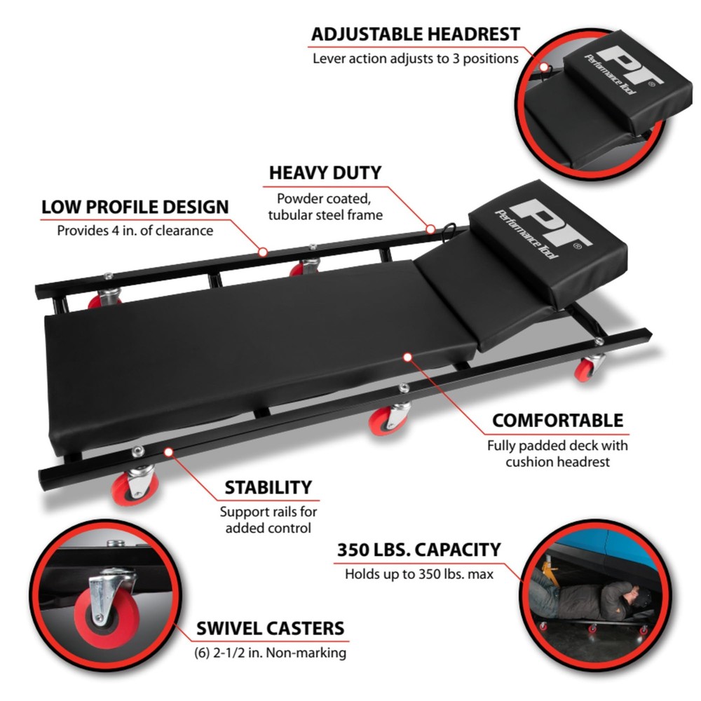 Performance Tool Rolling Shop Creeper Adjustable Headrest Heavy Duty Caster 4...