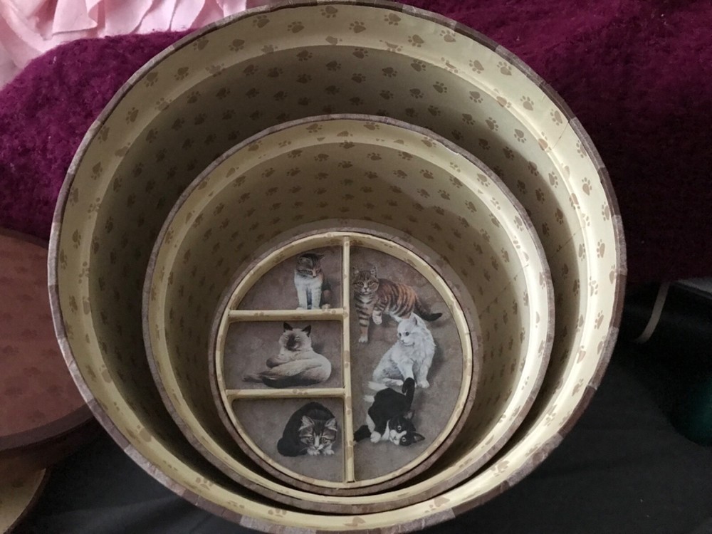 Kitty City brand vintage round stacking boxes cat theme cardboard