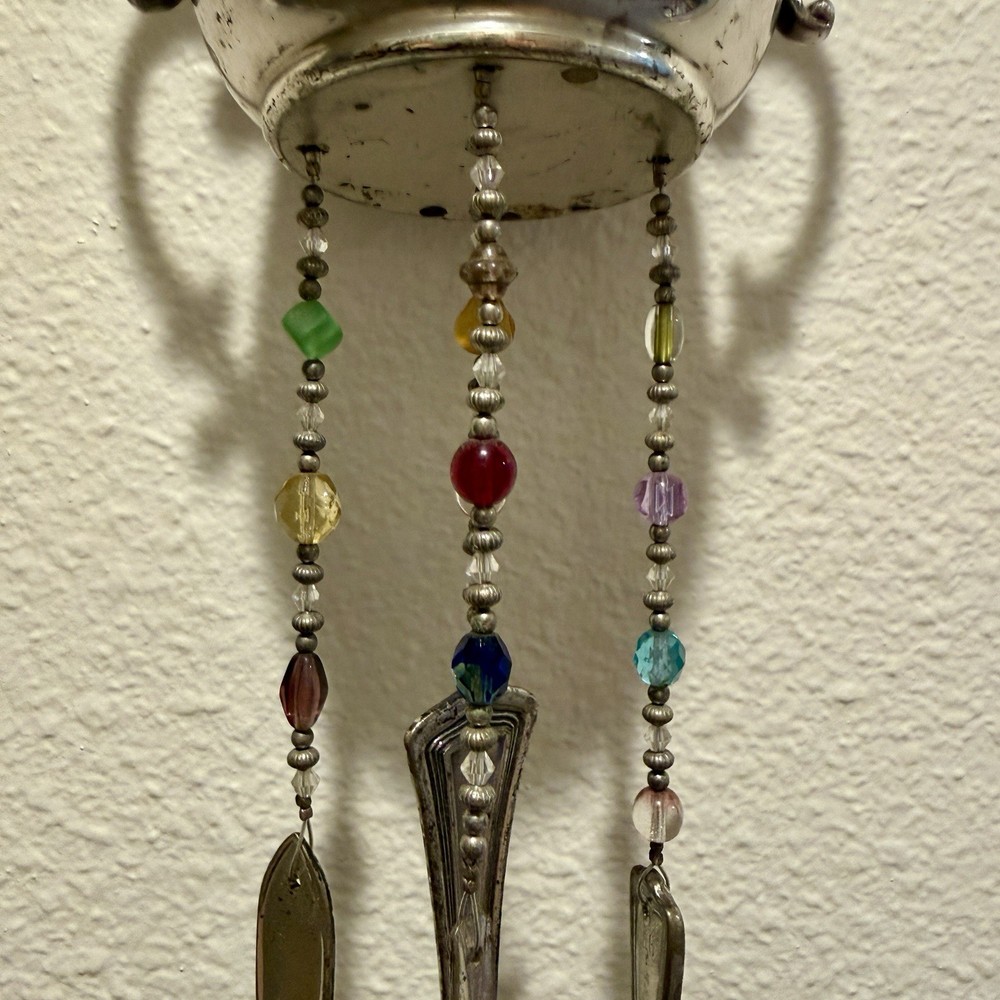 VTG Handmade Signed Silver Sugar Bowl Beaded Silverware Windchimes Boho Antique