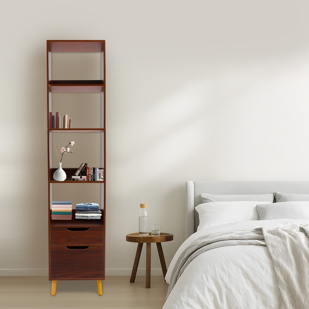 Walnut Standing Storage Shelf Freestanding Storage Rack Tall Open Bookshelf