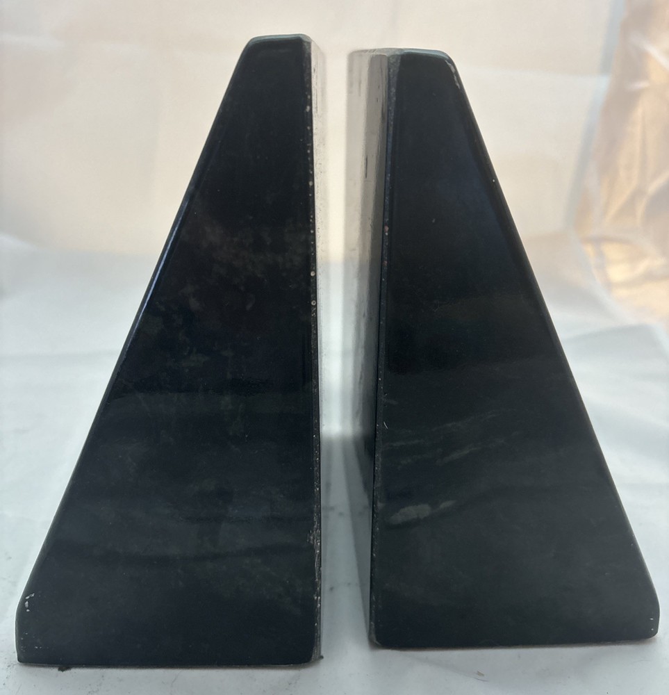 Bookends Black Marble With Windmills Etched On Metal Signed Terrell E. O’Brien