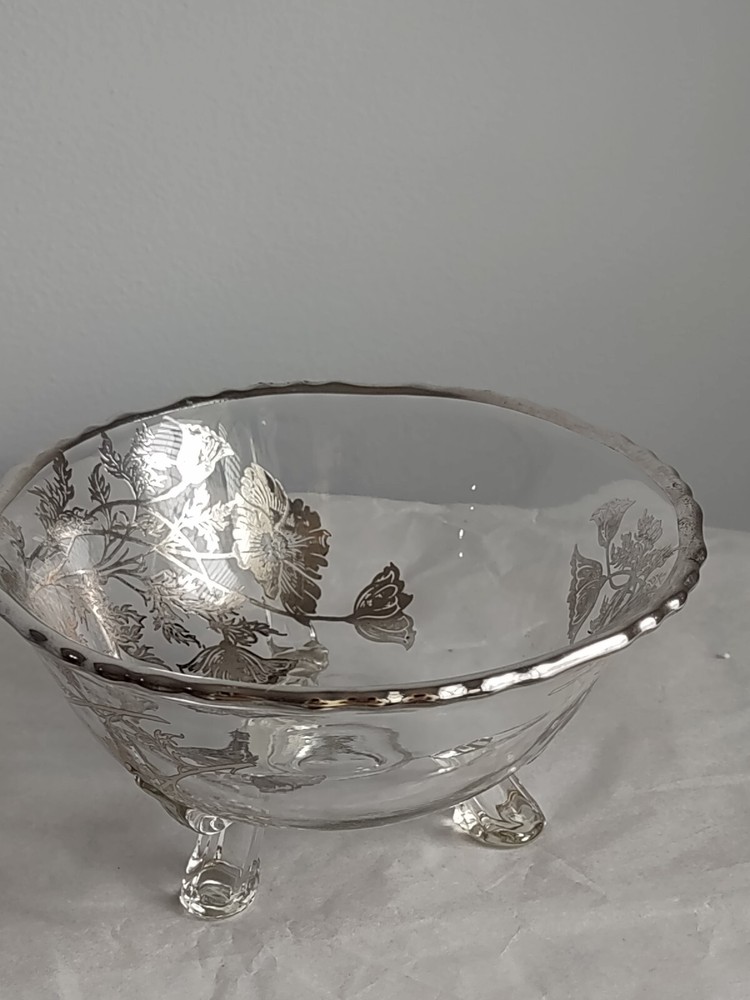 Silver Edged Glass Inlay Three Footed Dish Bowl