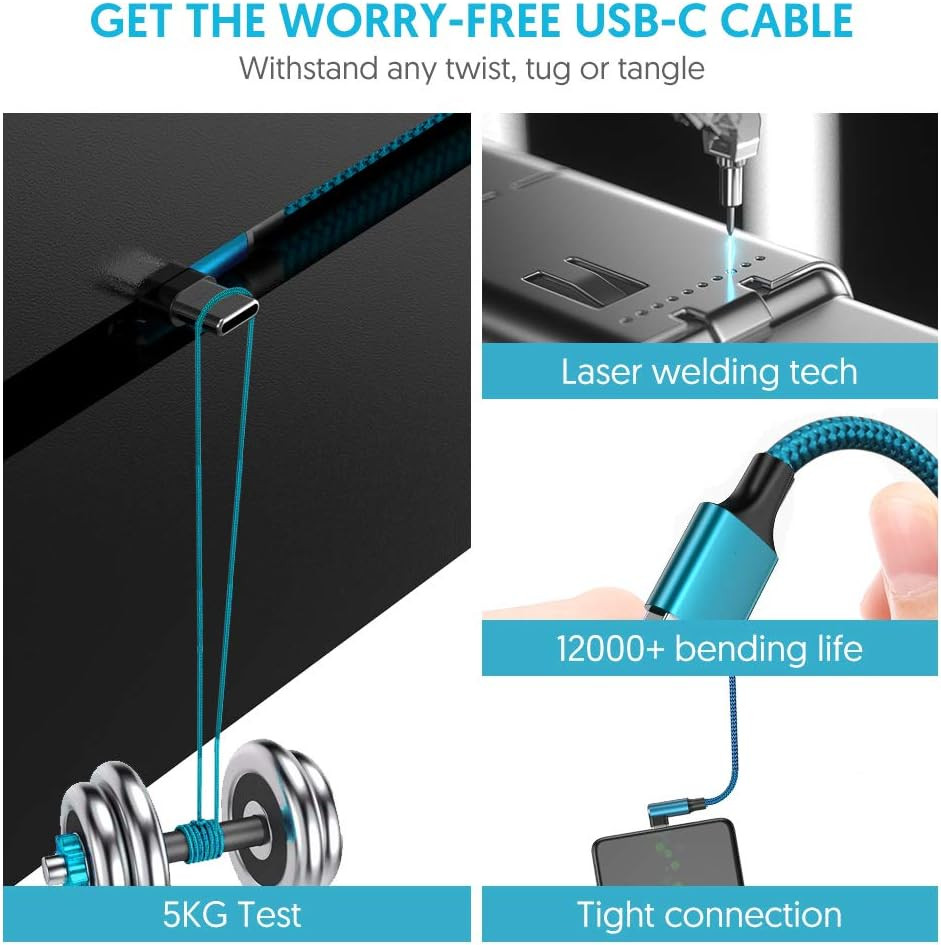 Type C Cable 90 Degrees Right Angle [3-Pack 10Ft] Nylon Braided USB a to USB C F